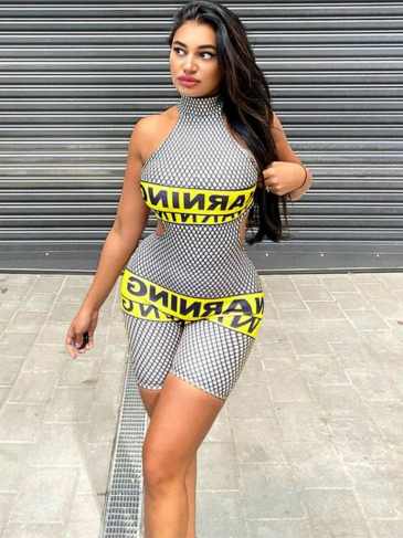 Warning Letter Print Backless Romper Jumpsuit - White / s Stylord