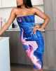 Waterwave Contrasting Print Strapless Midi Dress - Blue / s Stylord