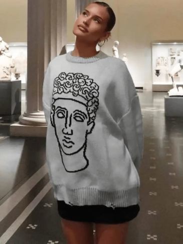 Winter Face Long Sleeve O-neck Fashion Sweater - Gray / s Stylord