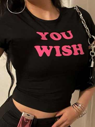 You Wish Letter Print Short Sleeve Crop Top - Black / s Stylord