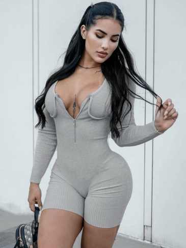 Yoga Gym Rib Knit Long Sleeve Zipper Romper Jumpsuit - Gray / s Stylord