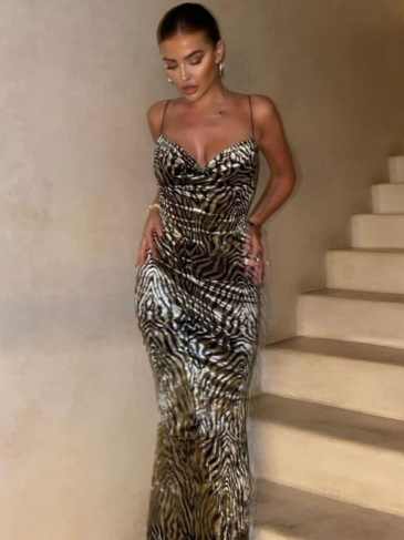 Zebra Print Bodycon Slip Backless Sleeveless Maxi Dress - Brown / s Stylord