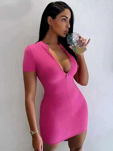 Zipper Elastic Short Sleeve Mini Pink Dress - One Size Stylord