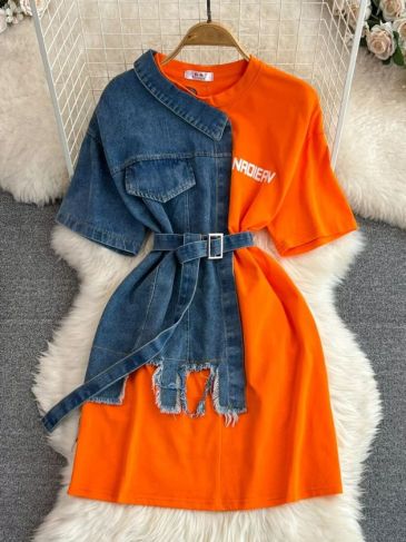 Chic Denim Patchwork With Belt T-Shirt Dress