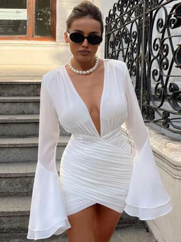 Chiffon V-Neck Slim Long Sleeve Mini Dress