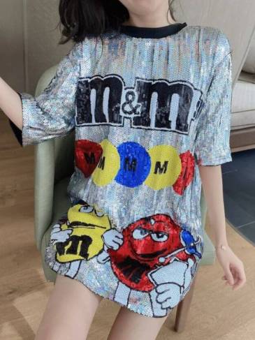 Fashion M&M Cartoon Sequin T-Shirt Dress