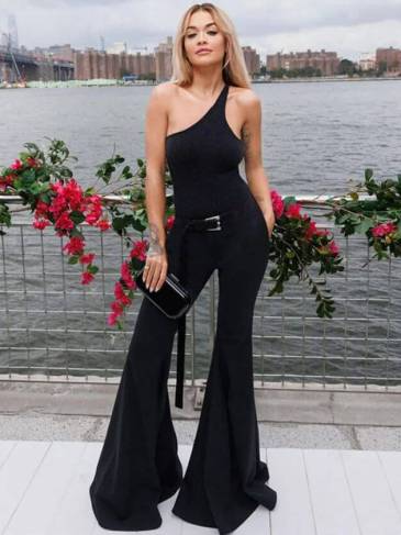 Inclined Collar Bodycon Flare Pant Jumpsuit