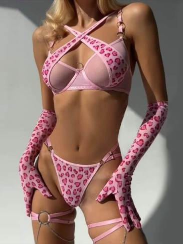 Leopard Cross Bra Push Up Lace Lingerie Set