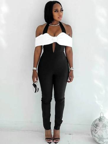 Patchwork Wrap Chest Backless Halter Jumpsuit