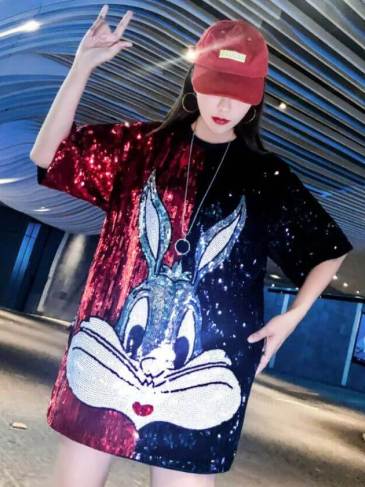 Summer Fashion Cartoon Sequin T-Shirt Dress