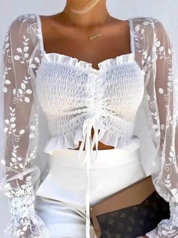 White Stitching Lace Square Collar Top