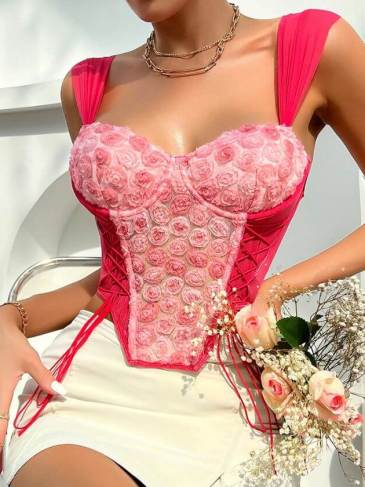 Floral Embroidery Fishbone Corset Crop Top