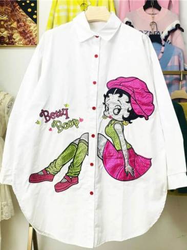 Long Sleeve Loose Cartoon Embroidery Shirt