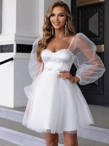 Puff Sleeves See Through Corset Mini Dress