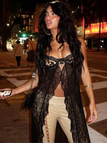 Leopard Long Lace Fringe Hollow Split Top