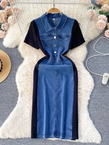 Long Casual Denim Patchwork Jeans Dress