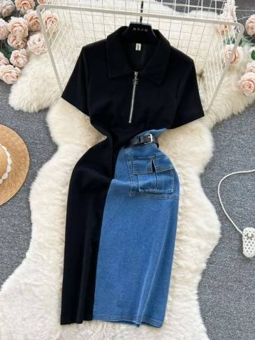 Patchwork Slim Fit High Waist Denim Dress