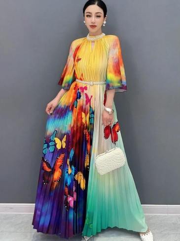 Butterfly Flower Print Loose Maxi Dress