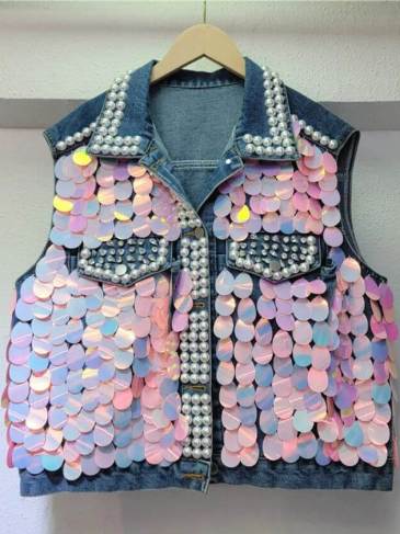Pearl Beaded Sequins Denim Vest Jacket