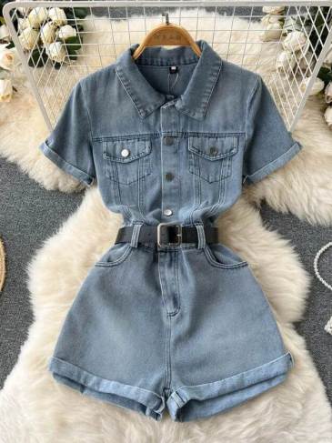 Denim Turn-down Collar Slim Jumpsuit