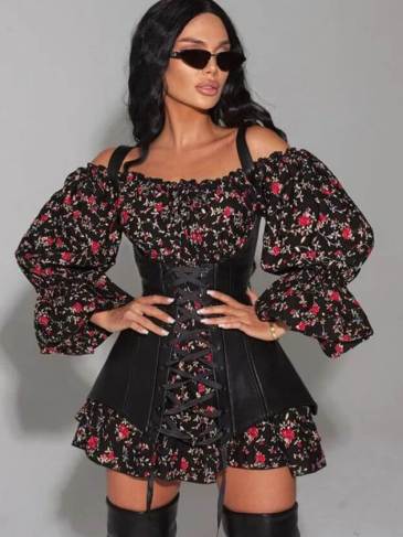 Elegant Floral Print Corset Flare Mini Dress