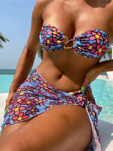 Flower Print & Cover Up 3 Pieces Swimsuit