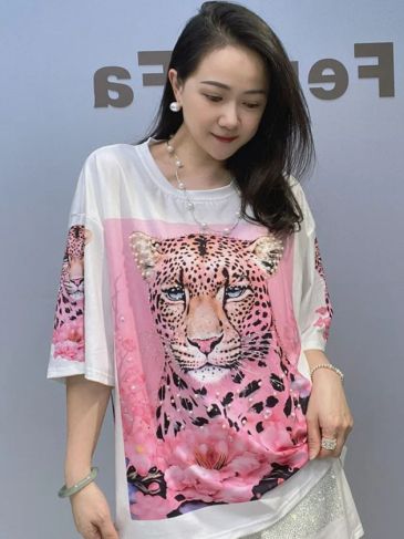 Leopard Print Loose Oversized Beaded T-Shirt