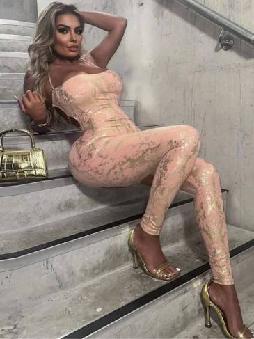 Metal Printing Halter Skinny Jumpsuit