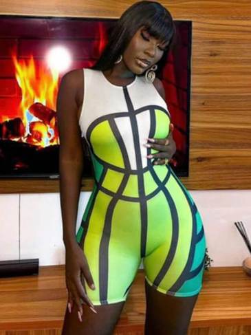 Patchwork Round Neck Romper Jumpsuit