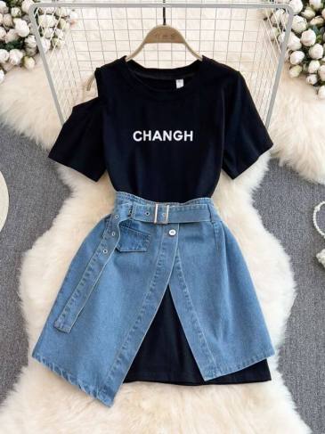 T-Shirt Stacked Denim Skirt Two Pieces Set