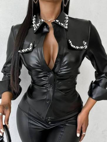 Beaded Decor Long Sleeve PU Leather Shirt