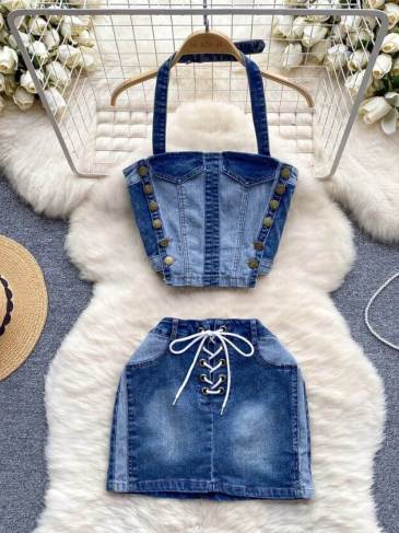 Denim Double Breasted Top + Skirt Two Piece Set