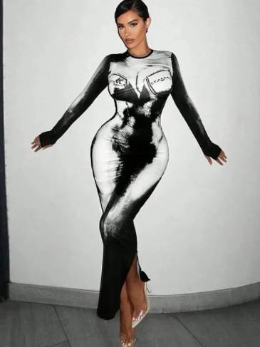 Fashion Tie Dye Long Sleeve Bodycon Dress