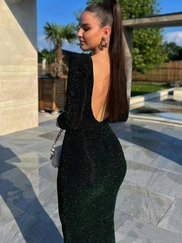 Glitter Backless Ruched Midi Dress