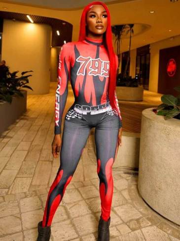 Letter Printed Hip Lift Long Sleeve Jumpsuit