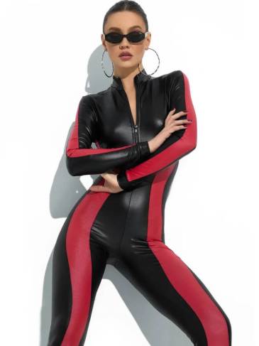 Leather Bodycon Zipper Long Sleeve Jumpsuit