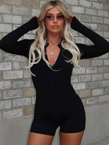 Casual Long Sleeve Zip Up Romper Jumpsuit