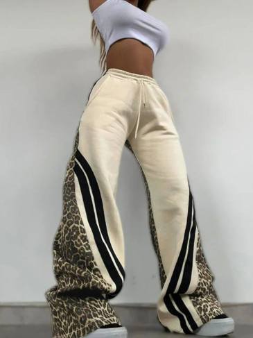 Casual Panelled Stripe Leopard Print Jogger Pant