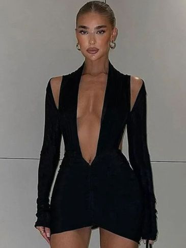 Deep V-Neck Long Sleeve Backless Mini Dress