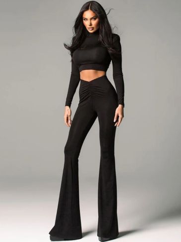 Elegant Ruched Long Sleeve Top & Pant Two Piece Set
