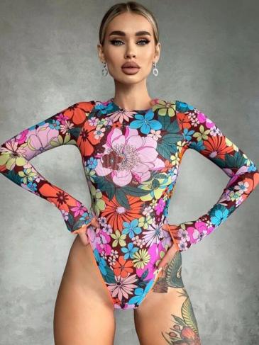 Floral Print O-Neck Long Sleeve Bodysuit
