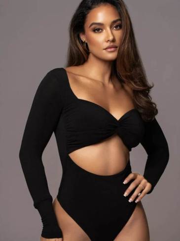 Hollow Out Long Sleeve Black Bodysuit