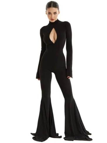 Hollow Out Long Sleeve Flare Pants Jumpsuit