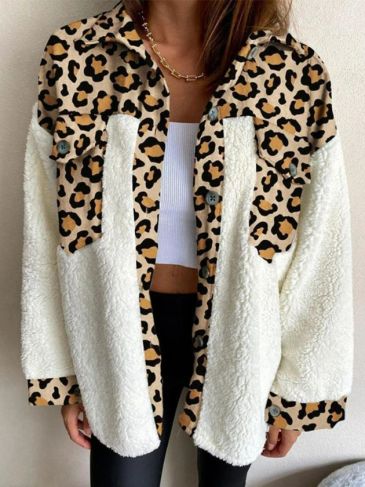 Leopard Print Pocket Design Teddy Shirt