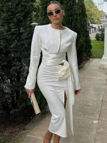 Long Sleeve Elegant Ruched Top & Skirt Two Piece Set