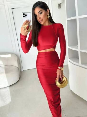 Long Sleeve Top & Ruched Pant Two Piece Set