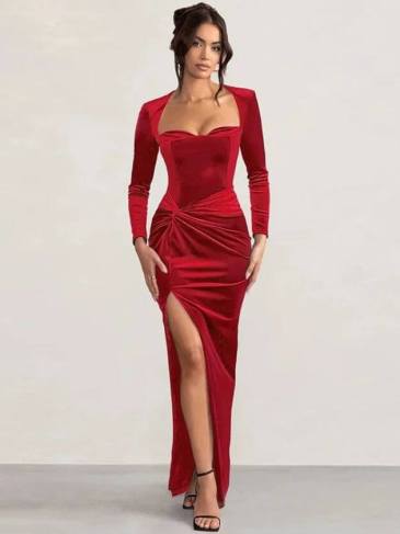 New Square Collar High Split Evening Dress