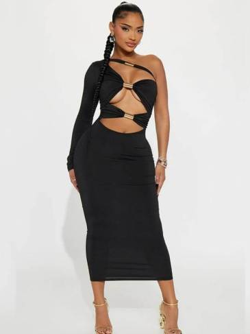 One Shoulder Cut Out Sexy Midi Dress