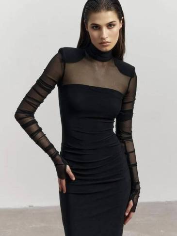 Patchwork Mesh Bodycon Long Dress