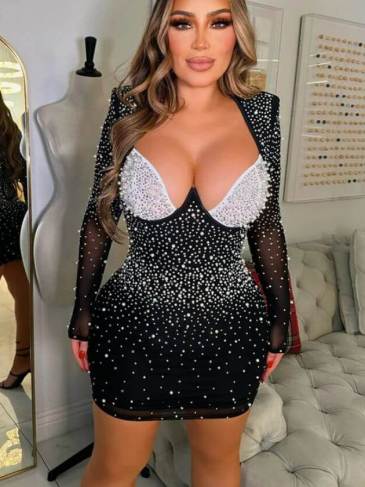 Patchwork Rhinestone Mesh Sleeve Mini Dress